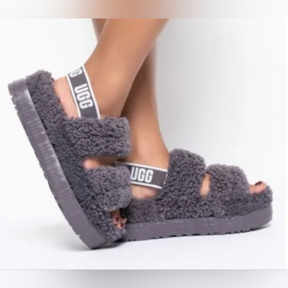 UGG Oh Flufflita Platform Charcoal Slippers Size 7 Used Excellent